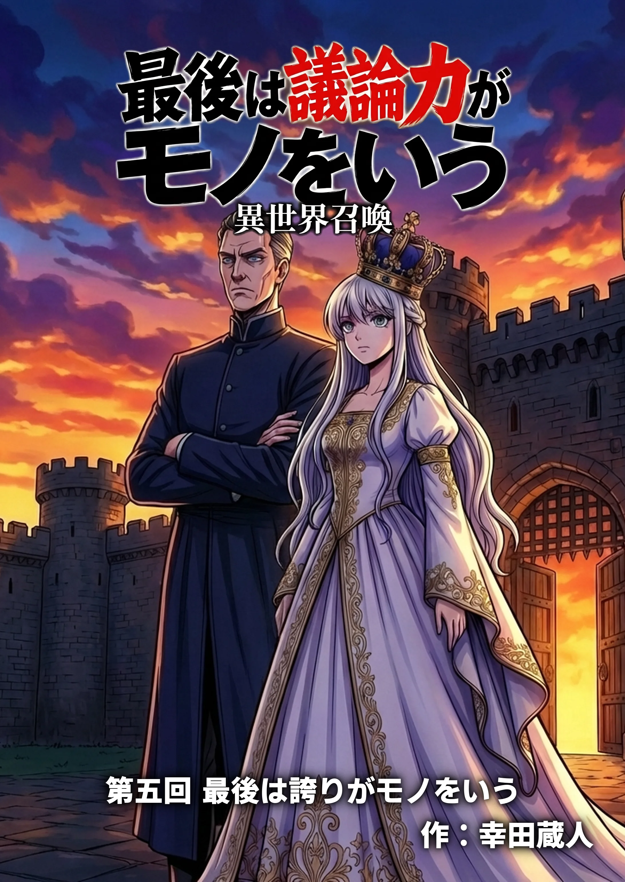 表紙——最後は議論力がモノをいう 異世界召喚 第五回 最後は誇りがモノをいう 作:幸田蔵人。夕焼けの城門前に立つ火群とピース女王