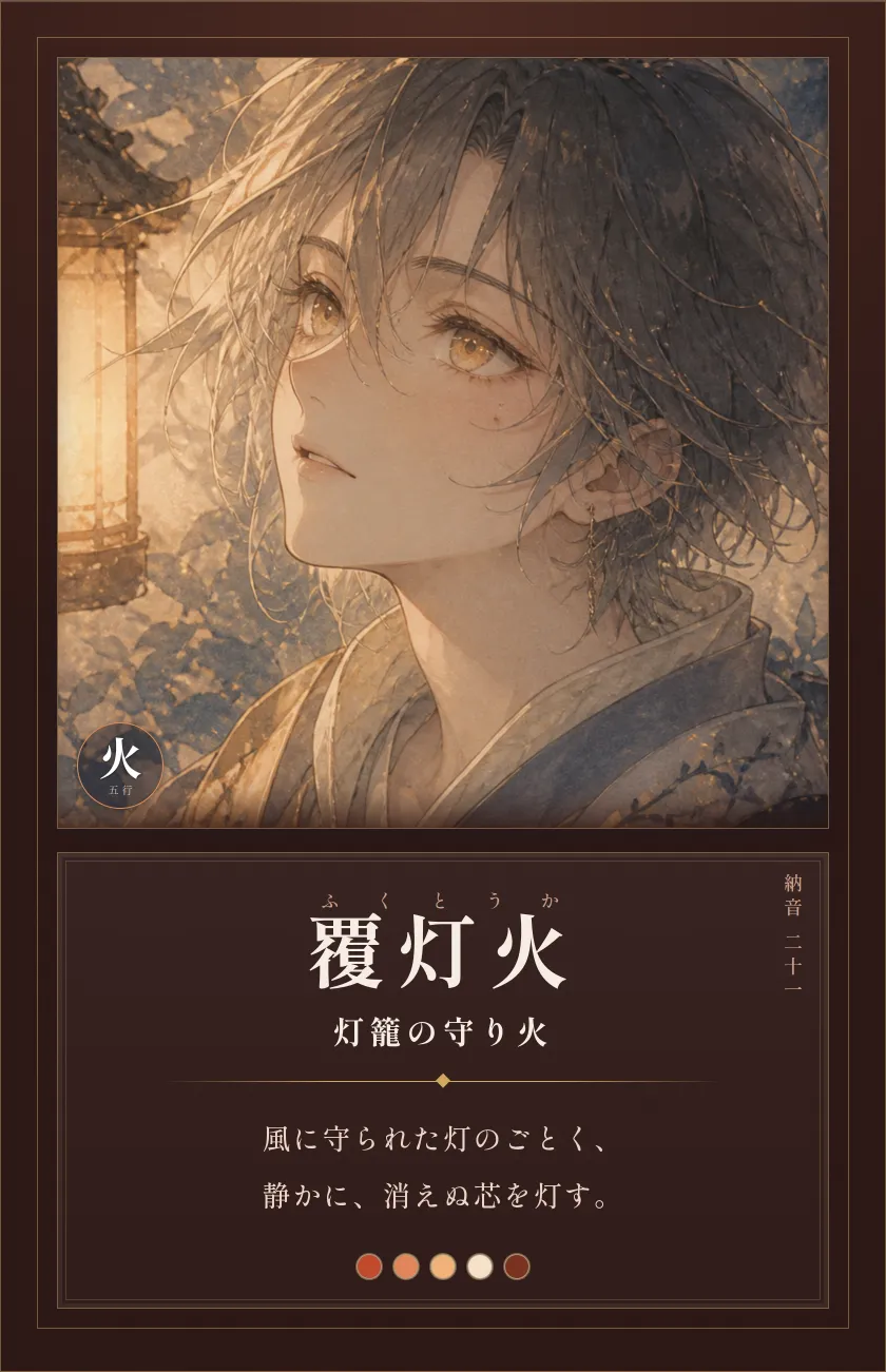 覆灯火(灯籠の守り火)— そっと灯す人。風から守られた静かな光、内なる芯。